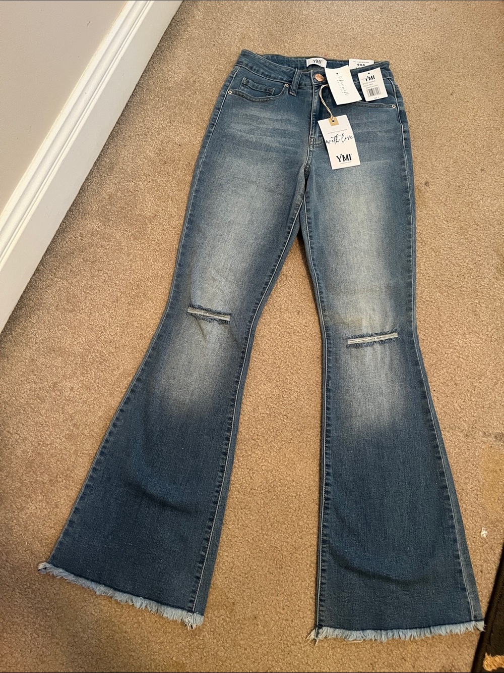YMI Women's Washed Blue High-Rise Flare Jeans with Knee Slits